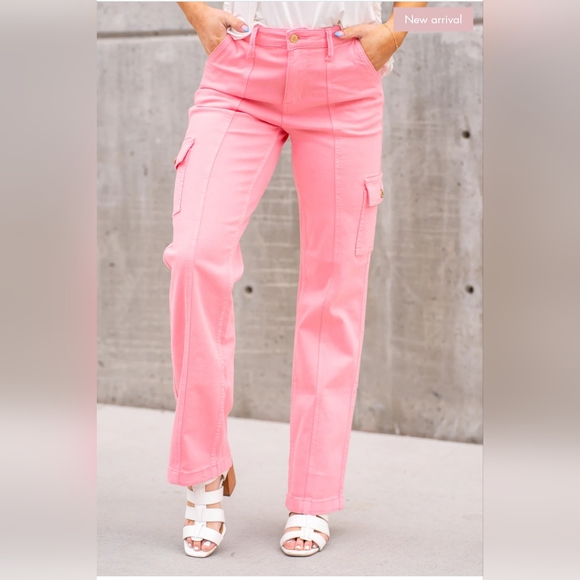 Judy Blue Pink High Rise Cargo Straight Jeans Size 11/30 - Picture 9 of 11